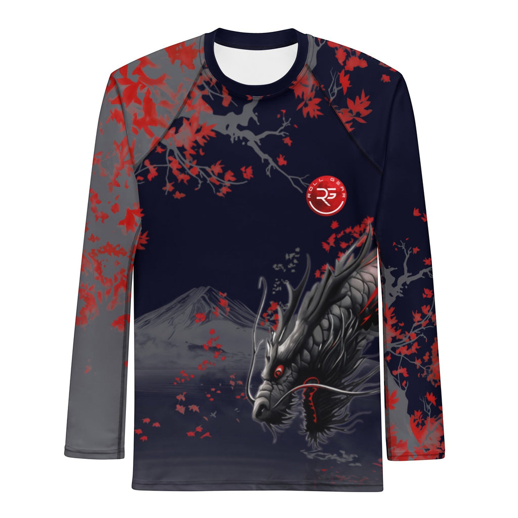 Roll Gear men's long sleeve rash guard in dark navy with crimson accents, featuring a dragon warrior graphic and Mount Fuji.