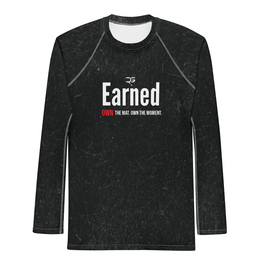 Roll Gear Earned long sleeve performance shirt in black with white and red text graphic. Moisture-wicking fabric for training.