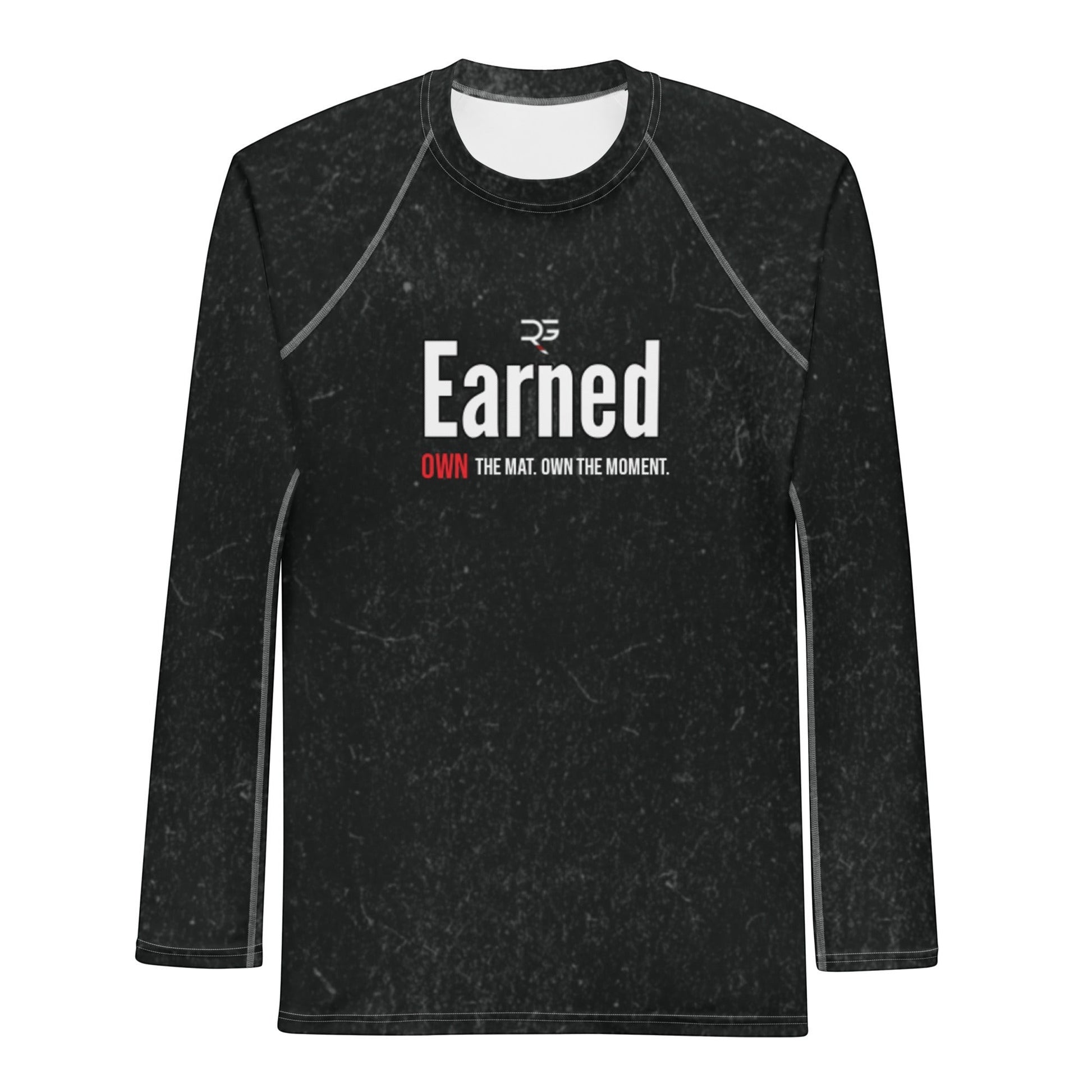 Roll Gear Earned long sleeve performance shirt in black with white and red text graphic. Moisture-wicking fabric for training.