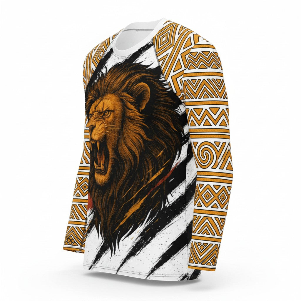 Roll Gear Lion's Pride men's long sleeve rash guard in white with gold tribal sleeves and a roaring lion graphic.