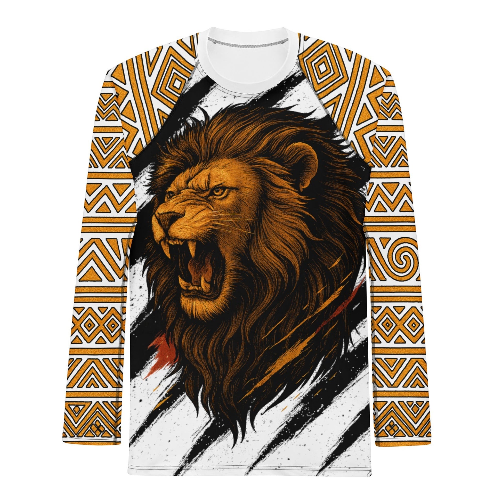 Roll Gear Lion's Pride men's white long sleeve rash guard with gold tribal sleeves and roaring lion graphic.