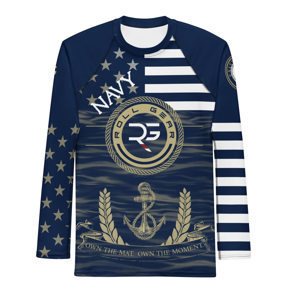 Roll Gear men's navy long sleeve rash guard with gold anchor and US Navy-inspired graphics. Compression fit, performance fabric.