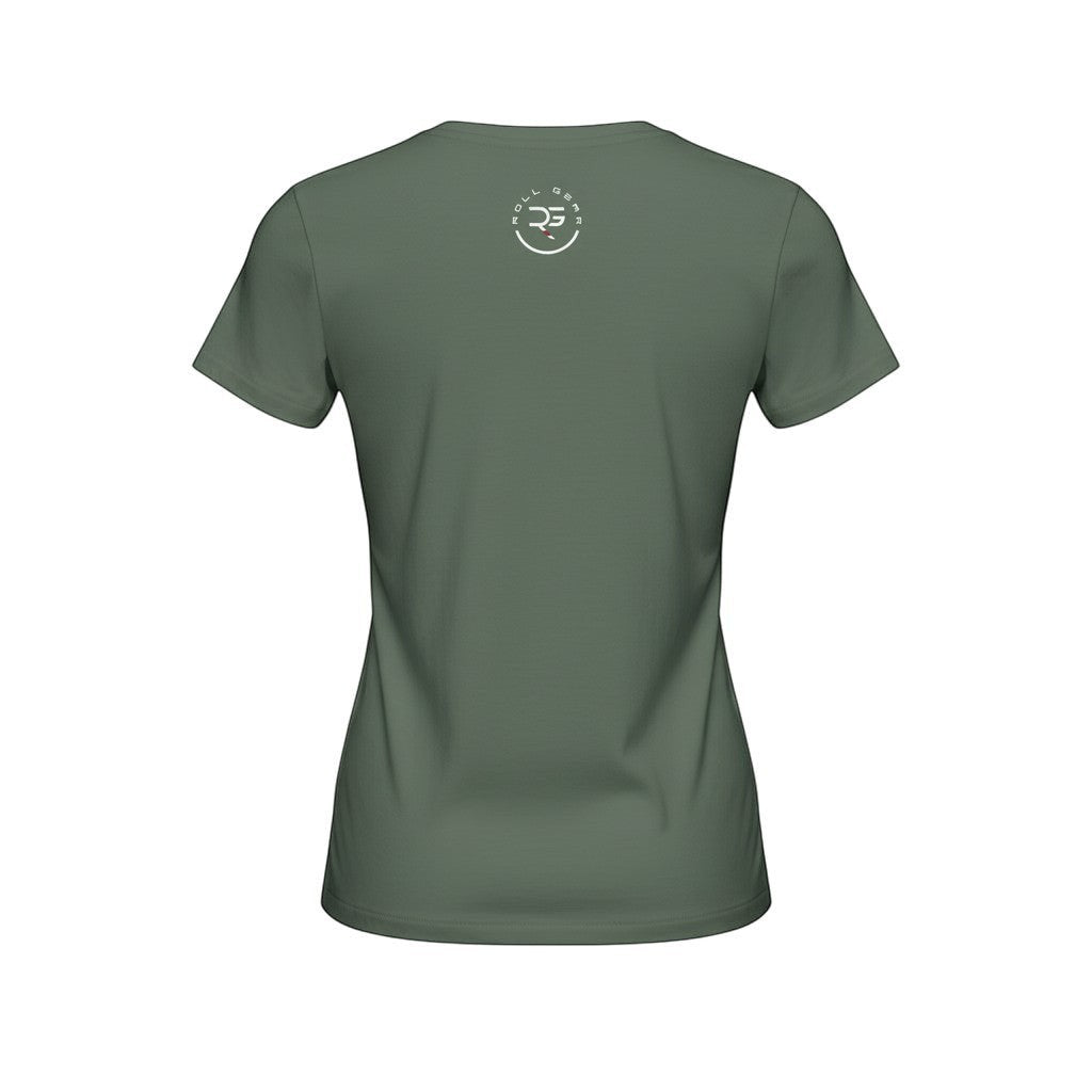Roll Gear women's high-waisted t-shirt in olive green cotton with subtle logo detail on back.