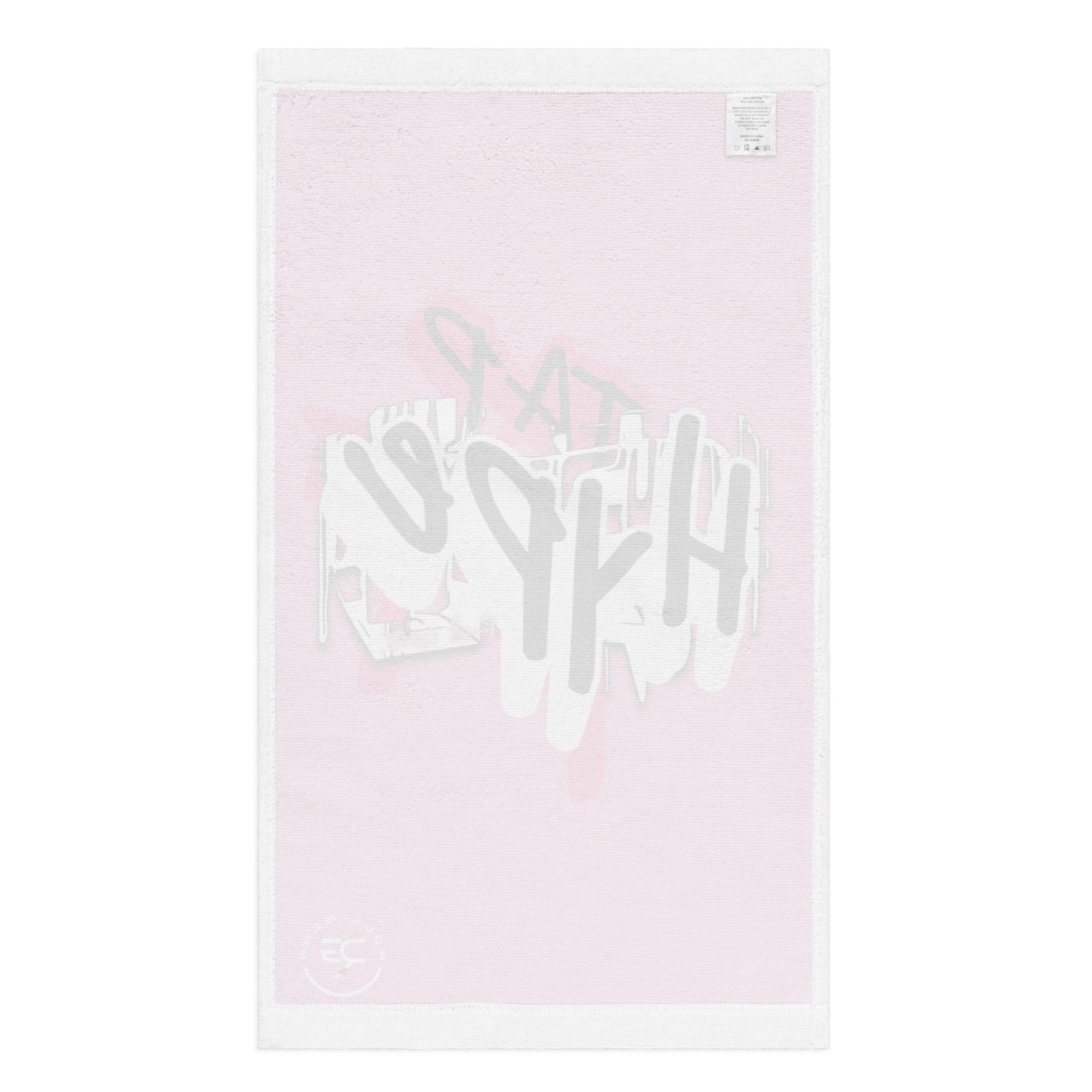 Roll Gear HYPE training towel in pink with white graffiti print. Soft polyester front, absorbent cotton back, 16" x 28".
