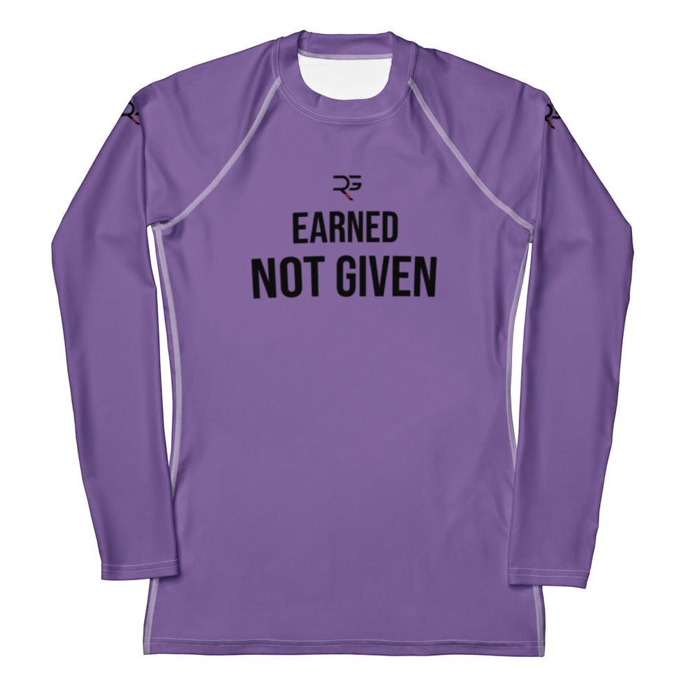 Roll Gear women's purple long sleeve rash guard with "Earned Not Given" graphic. Ideal for BJJ, MMA, and training.