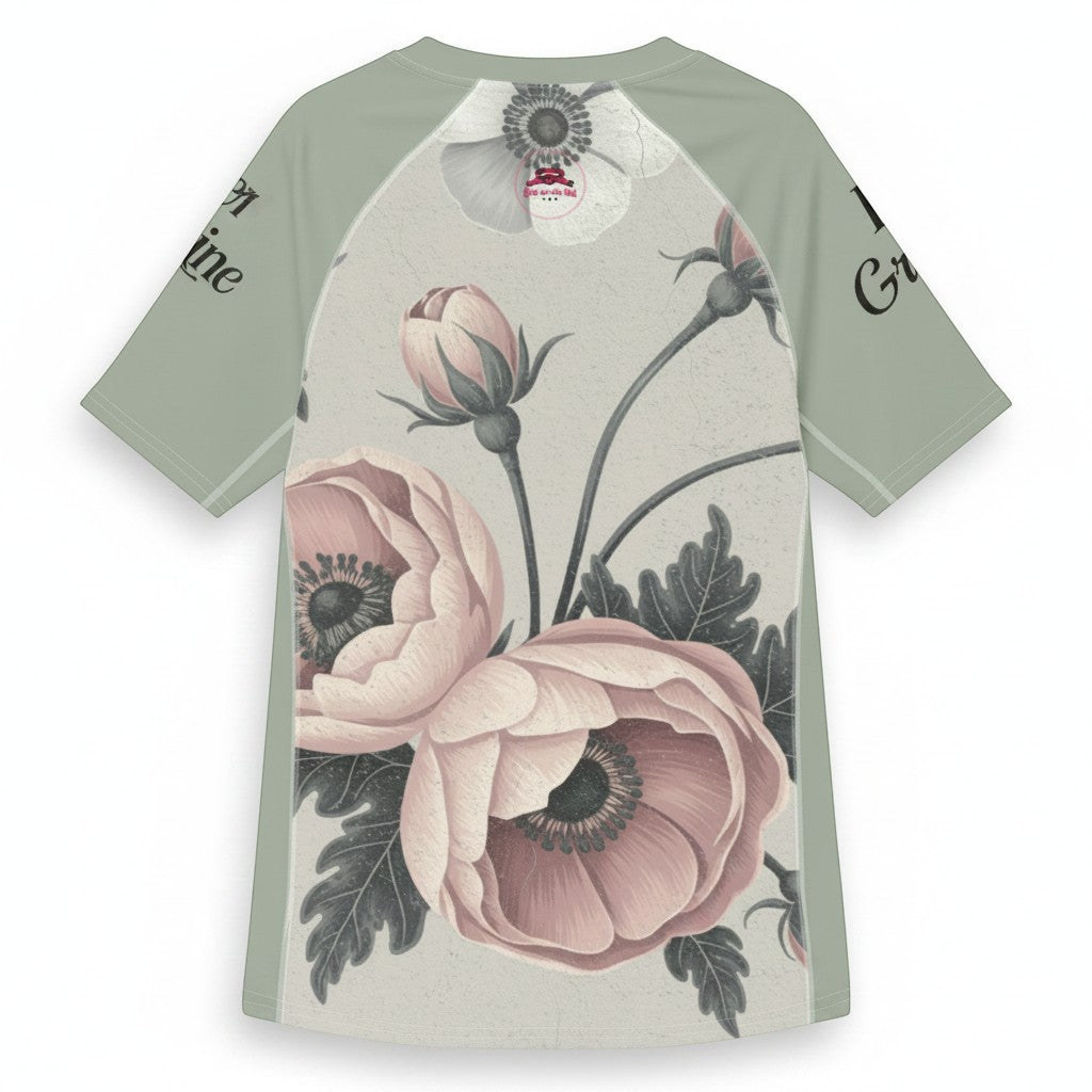 Roll Gear Always Blooming Rash Guard in sage green with a vintage floral print and short sleeves.