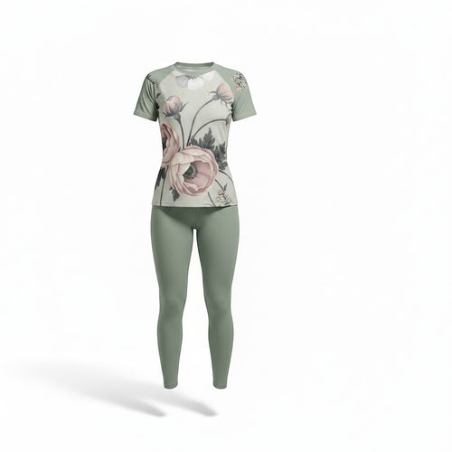 Roll Gear Always Blooming Rash Guard in sage green with floral print, short sleeves, paired with matching sage green leggings.