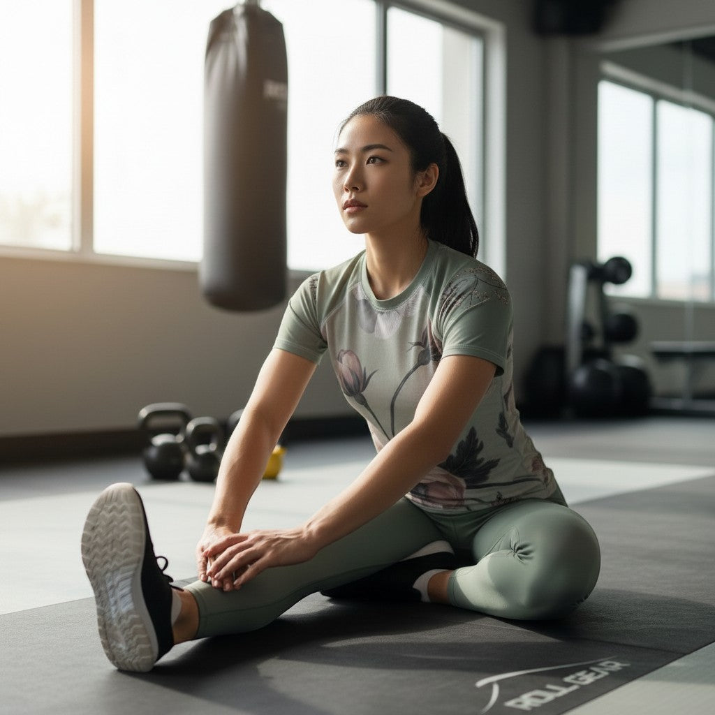 Roll Gear Always Blooming Rash Guard in sage green with floral print, short sleeves, moisture-wicking fabric.