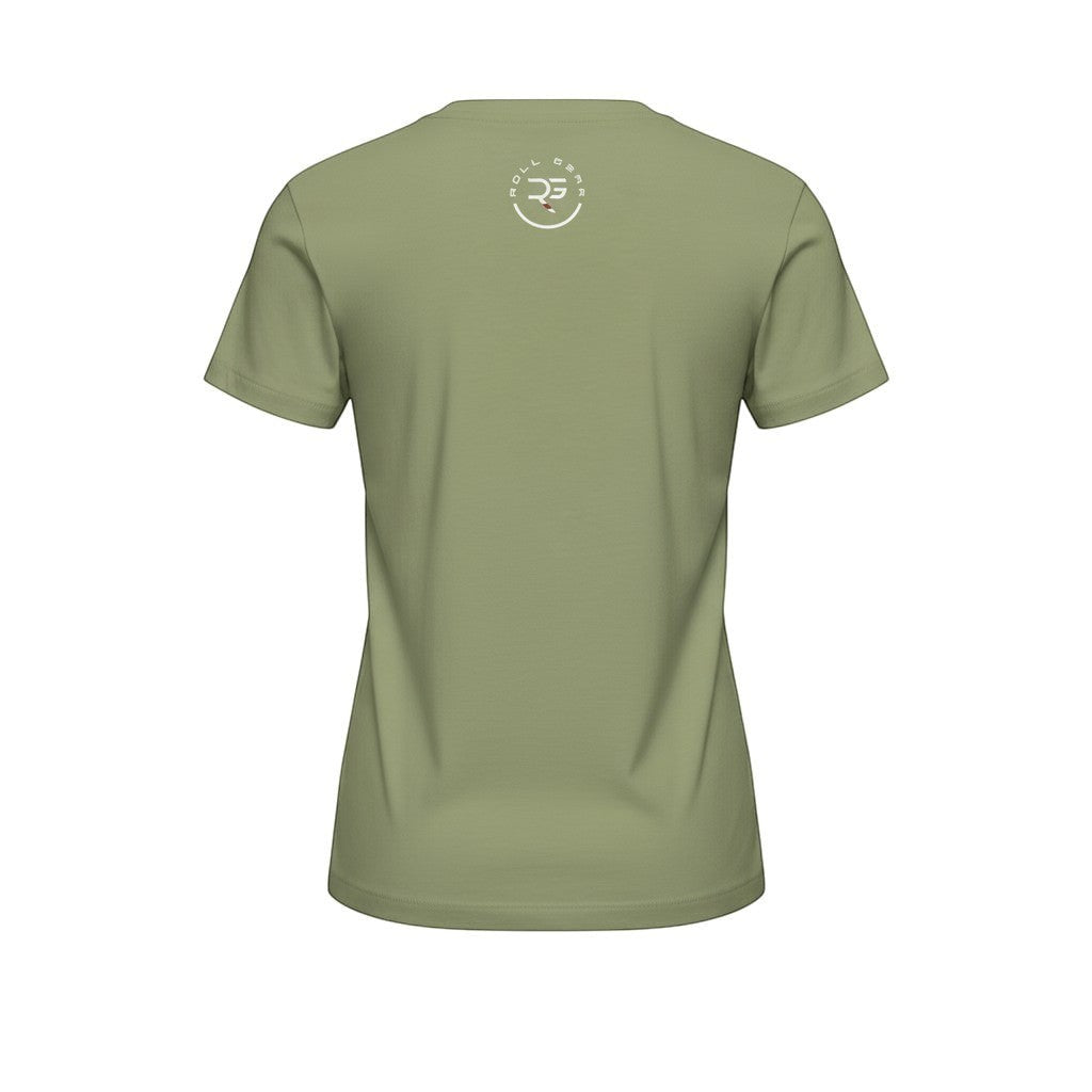 Roll Gear women's sage green cotton t-shirt with high-waisted fit and subtle logo on back.