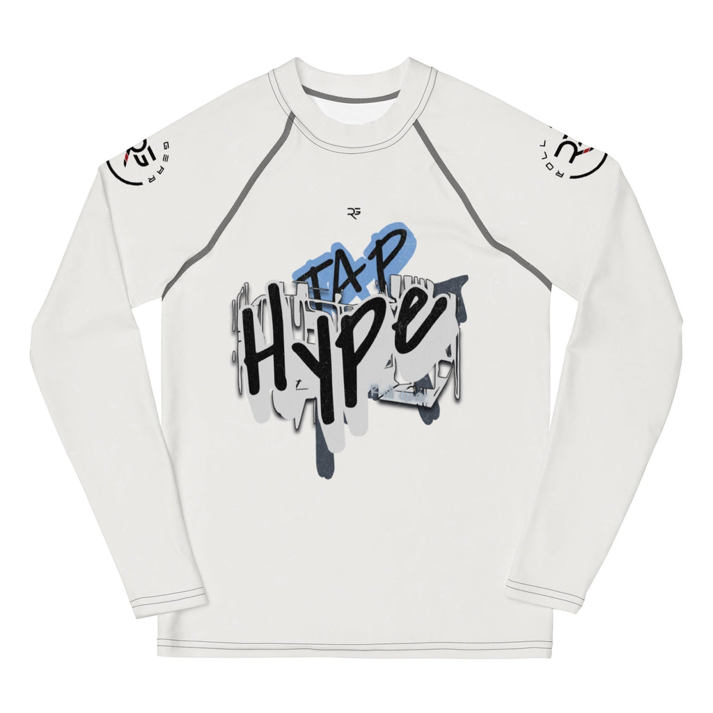 Roll Gear white long sleeve performance rash guard with blue and black 'TAP HYPE' graphic print. Athletic fit for training.