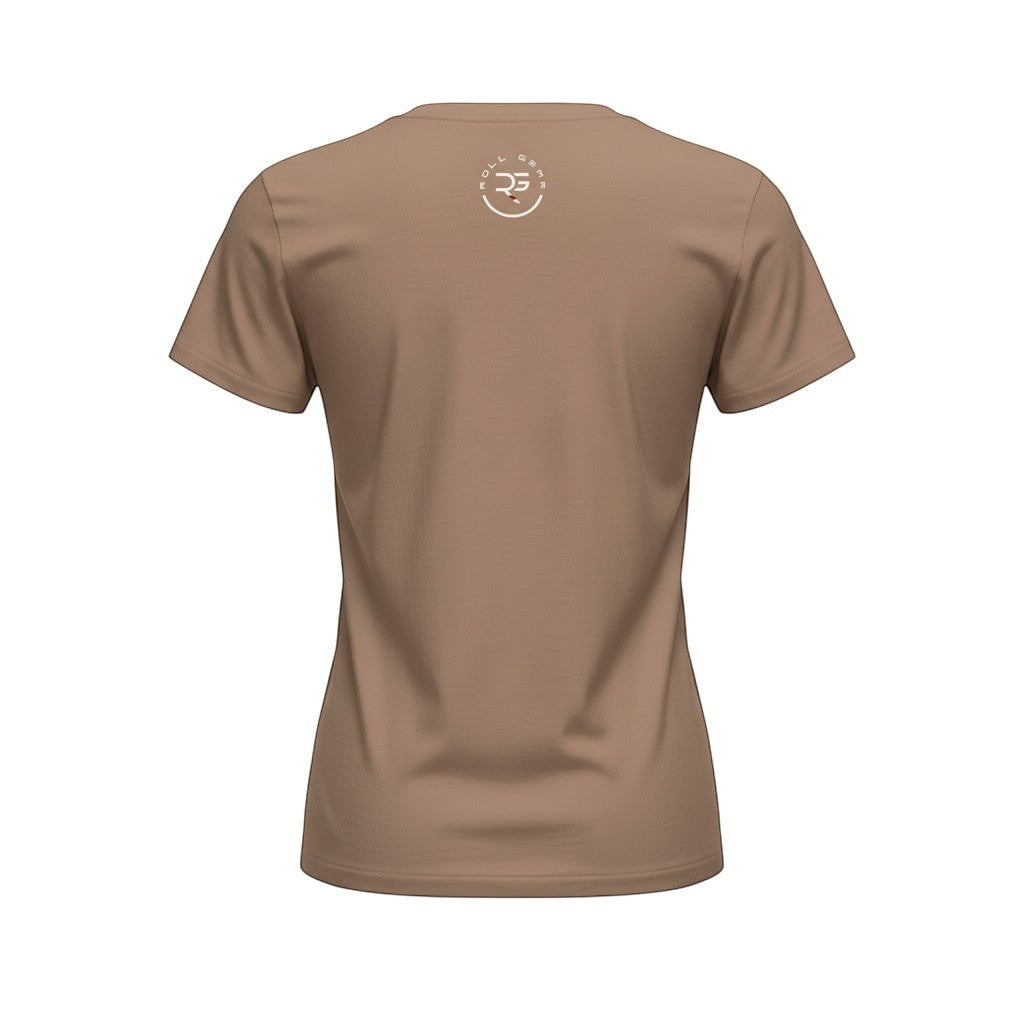Roll Gear women's taupe cotton high-waisted t-shirt with circular logo on back.
