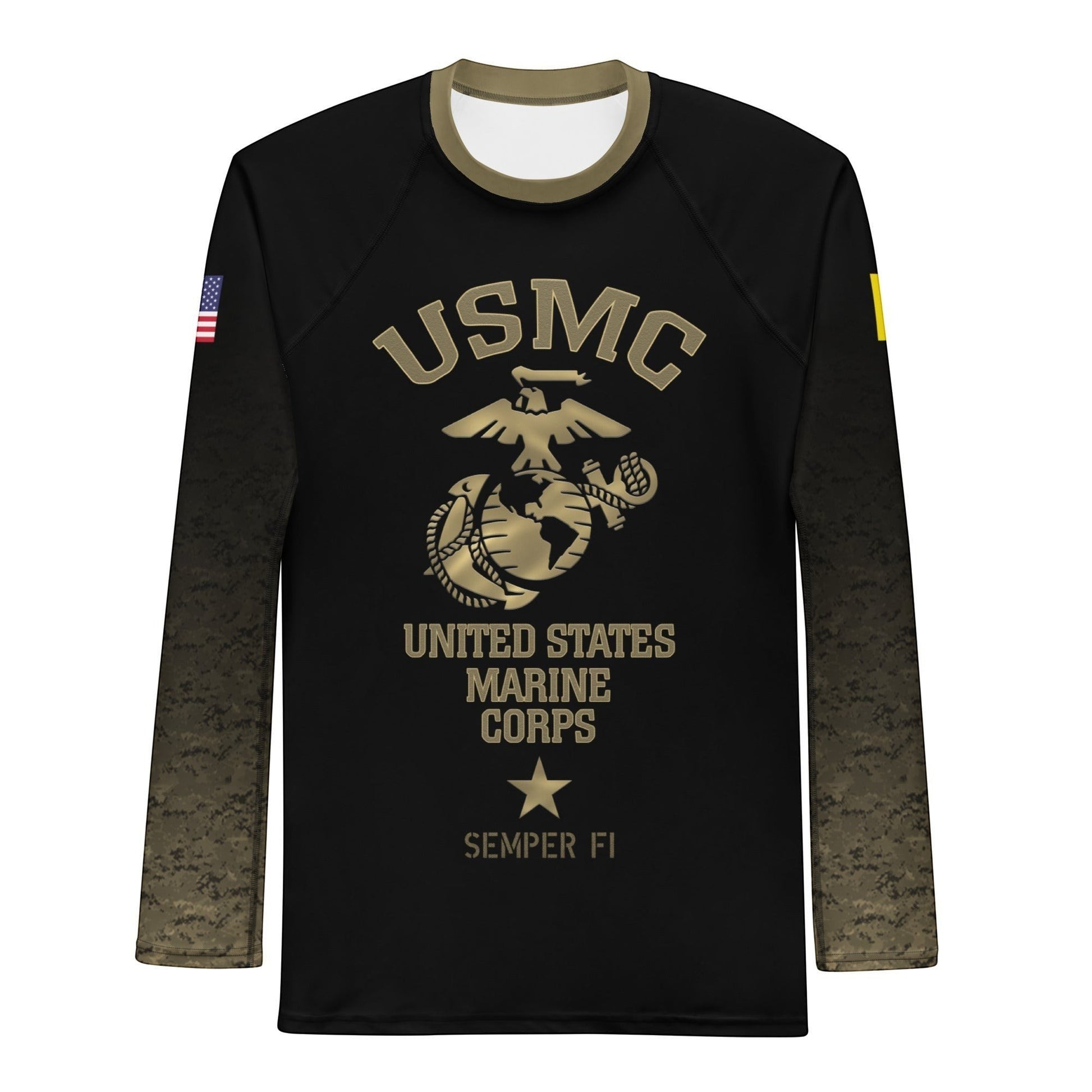 Roll Gear United States Marine Corps long sleeve compression shirt with USMC emblem and digital camo sleeves.