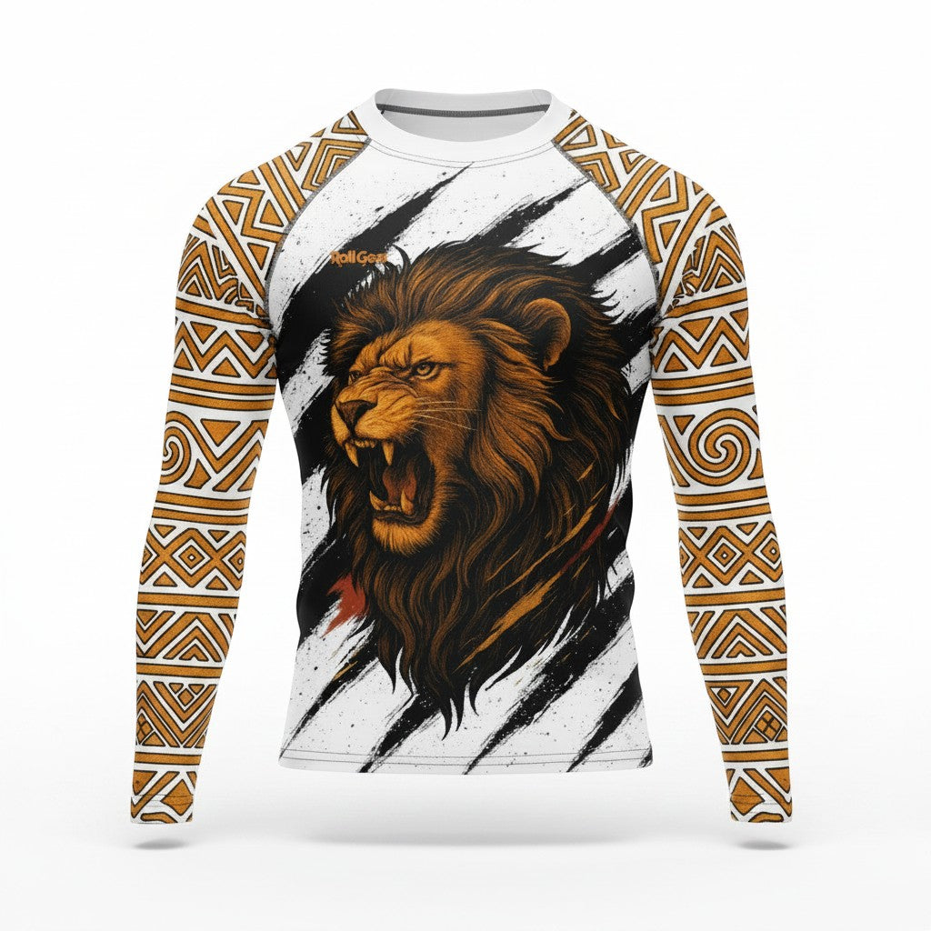 Roll Gear youth long sleeve rash guard in white with gold tribal print on sleeves and a roaring lion graphic.