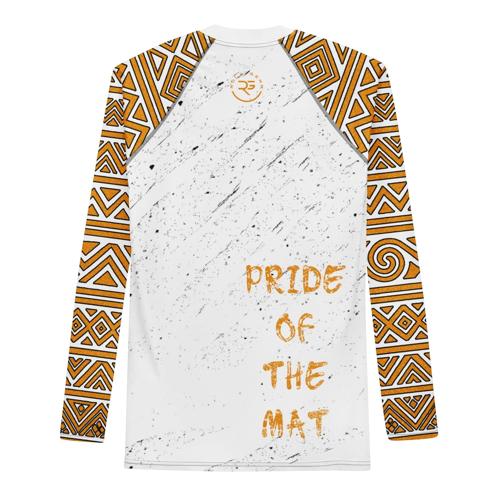 Roll Gear Lion's Pride men's white long sleeve rash guard with gold tribal sleeves and "Pride of the Mat" text.