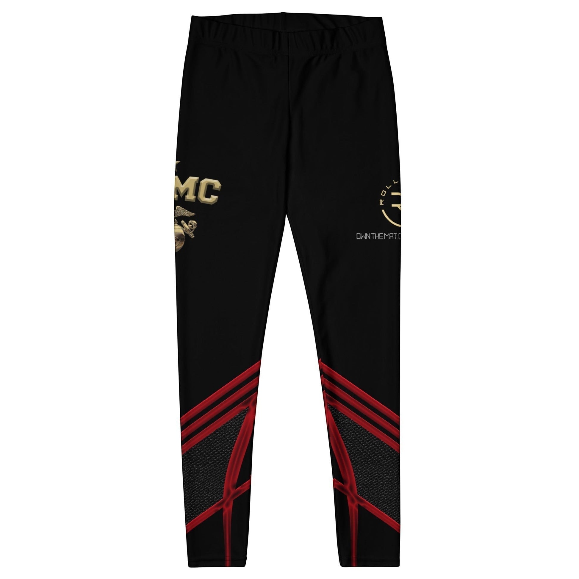 Roll Gear Women's black compression spats with red chevron accents and gold USMC graphics. Made of polyester and spandex for athletic training.