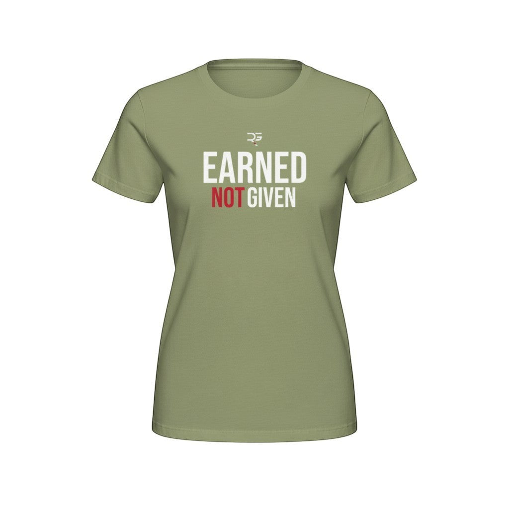 Roll Gear Women's high-waisted olive green cotton t-shirt with "EARNED NOT GIVEN" graphic.