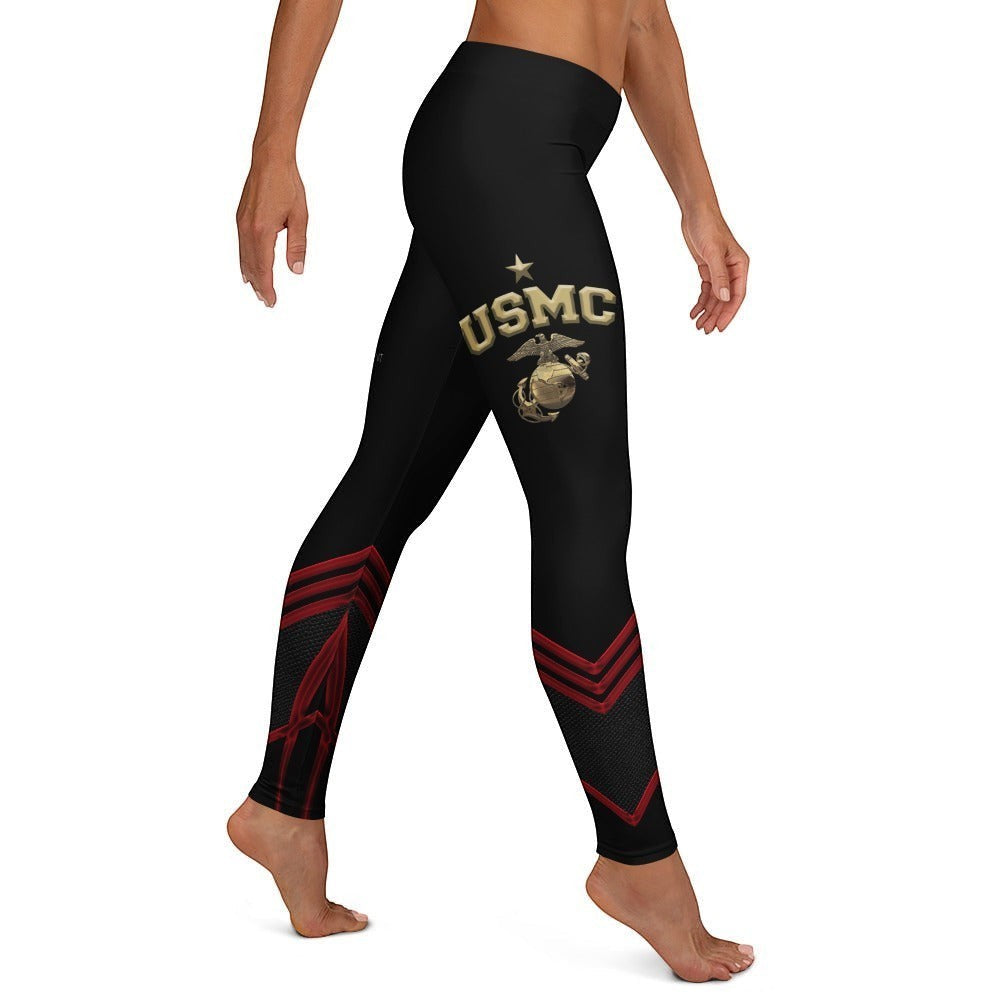 Roll Gear Women's black compression spats with red chevron leg accents and gold USMC Eagle Globe & Anchor graphic.