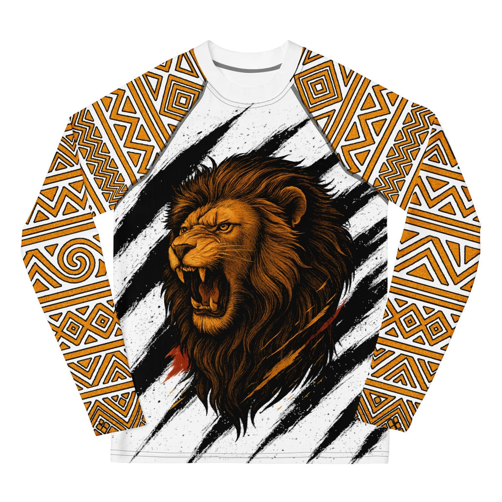 Roll Gear youth white and gold long sleeve rash guard with roaring lion graphic and geometric sleeve patterns. Polyester-spandex blend.