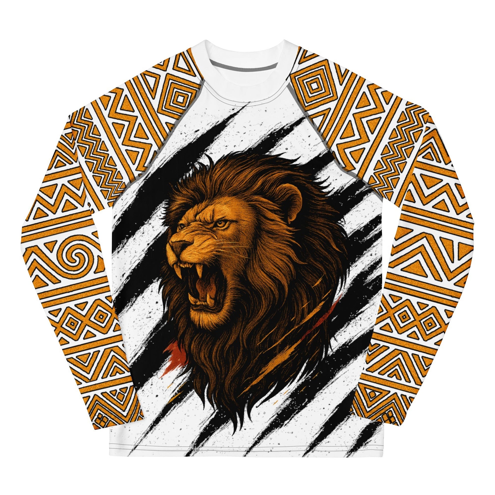 Roll Gear youth white and gold long sleeve rash guard with roaring lion graphic and geometric sleeve patterns. Polyester-spandex blend.