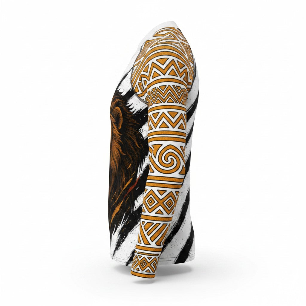 Roll Gear Youth Long Sleeve Rash Guard in white and gold with a lion graphic and tribal patterns on the sleeves.