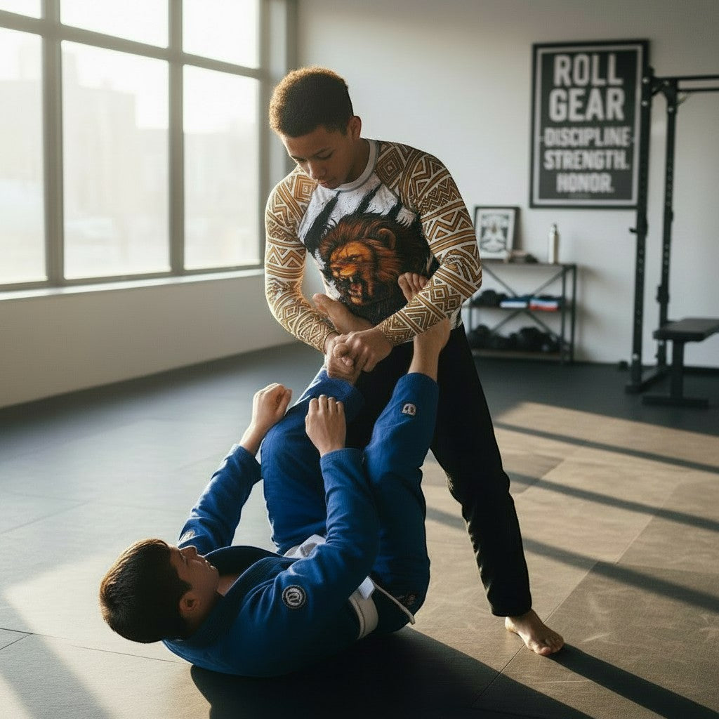 Roll Gear youth long sleeve rash guard in white and gold with a lion graphic, worn during a grappling match.
