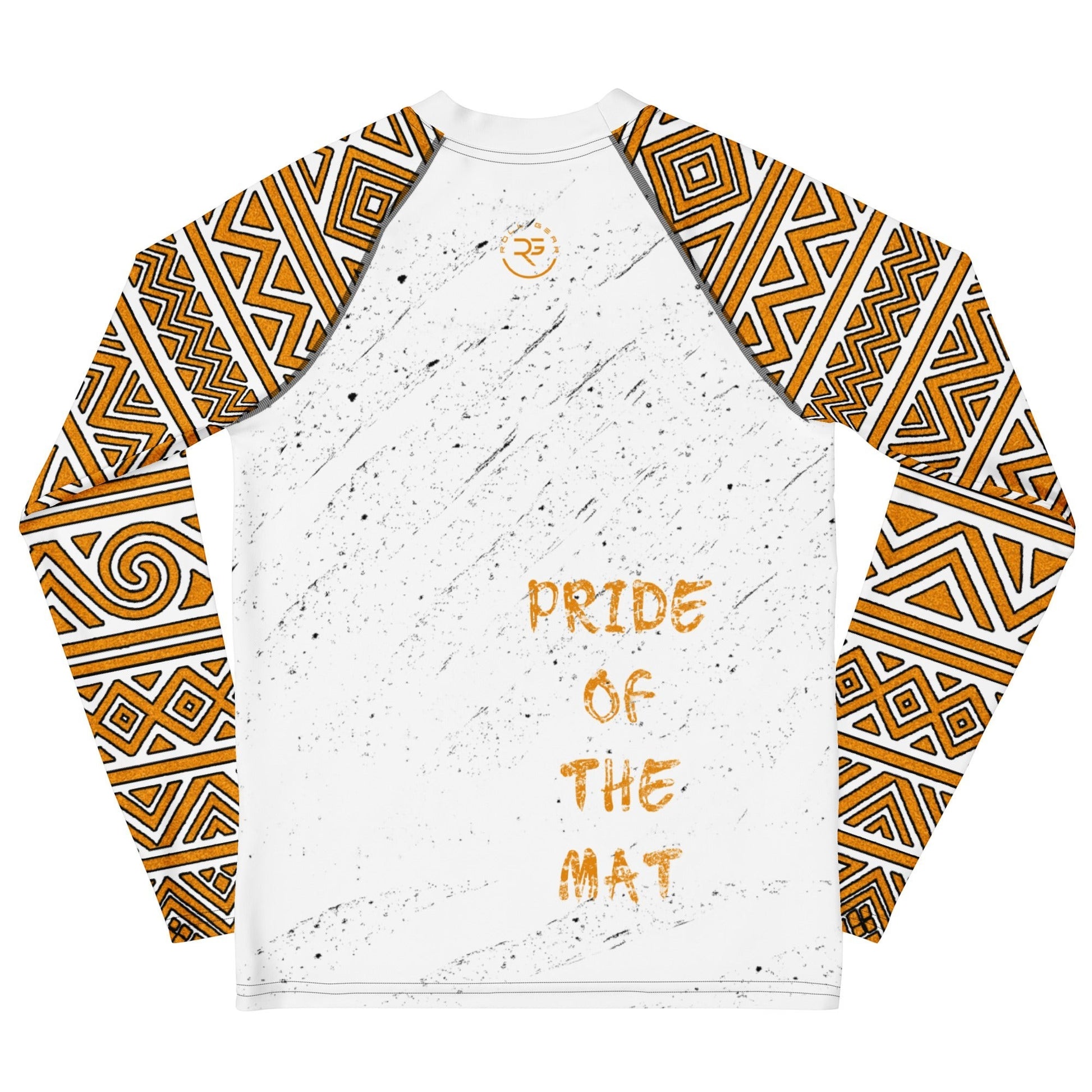Roll Gear youth long sleeve rash guard in white with gold tribal print on sleeves and "Pride of the Mat" text.