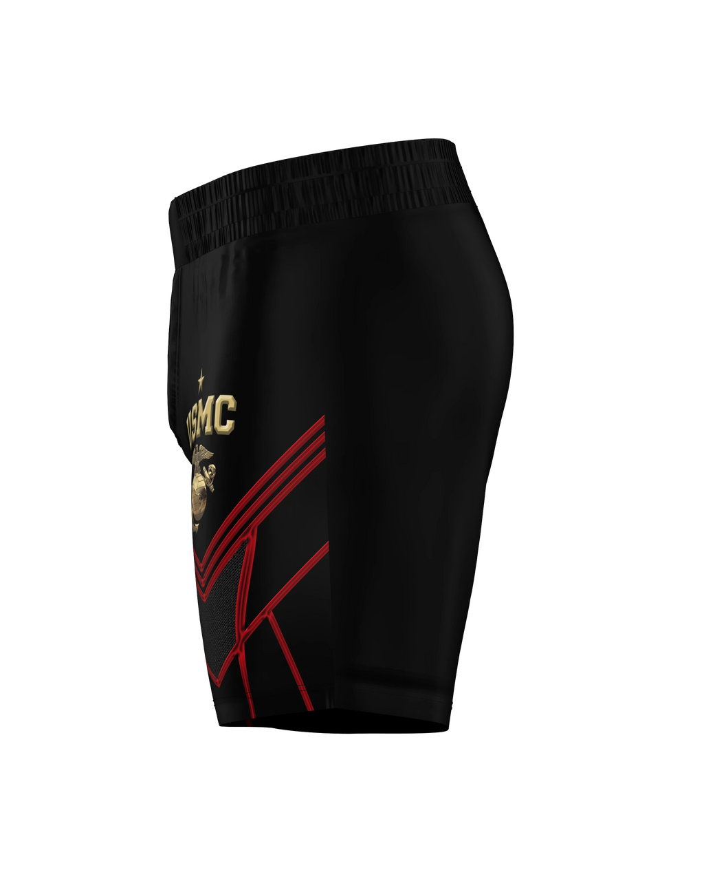 Roll Gear LLC USMC grappling shorts in black with gold USMC emblem and red accents. Long cut design for martial arts training.