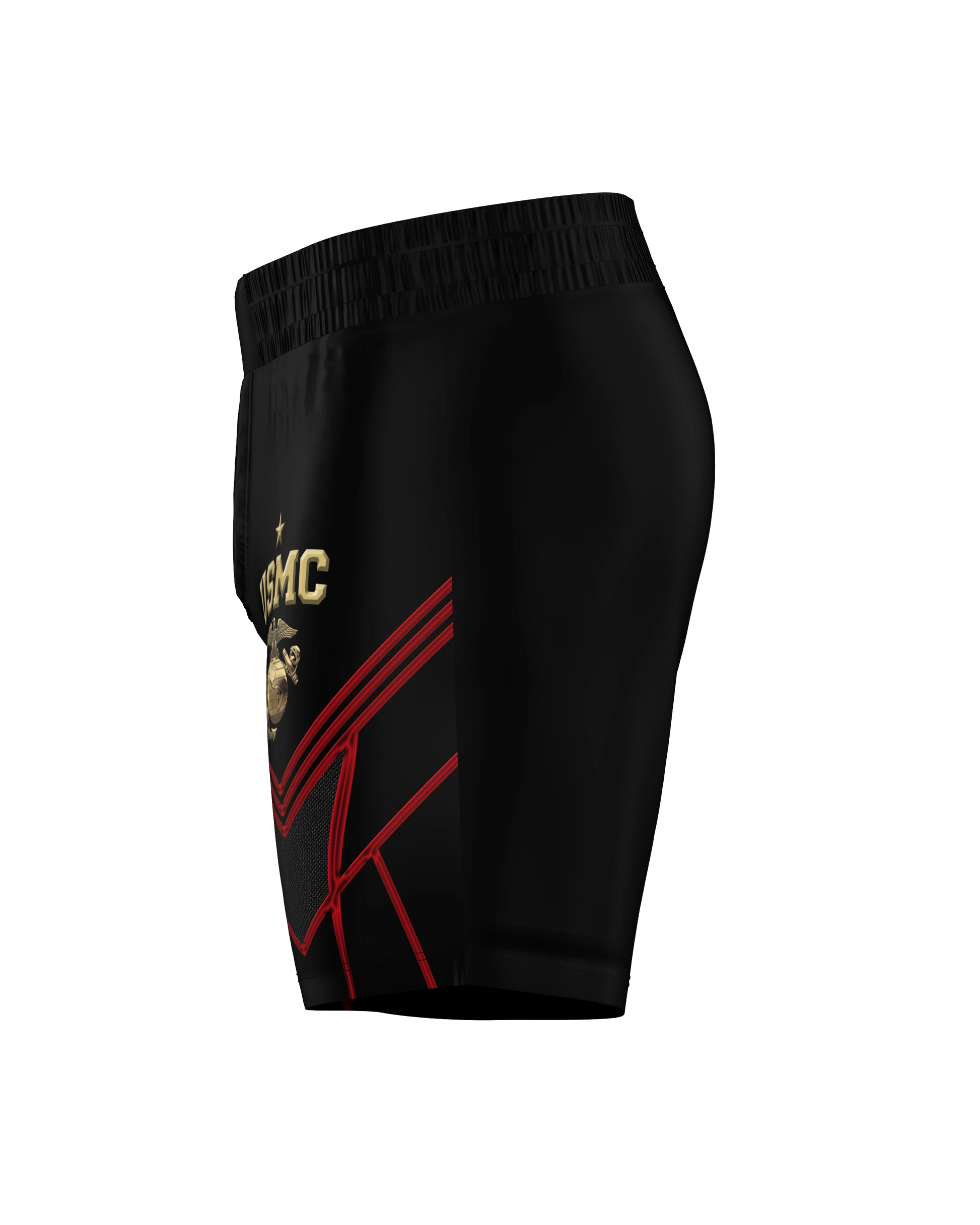 Roll Gear LLC USMC grappling shorts in black with gold USMC emblem and red accents. Long cut design for martial arts training.