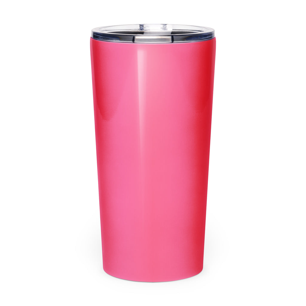 Pink tumbler with a silver rim on a white background