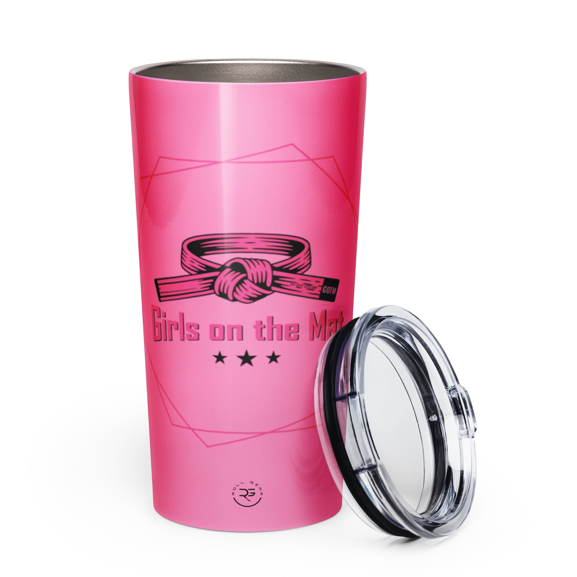 Pink tumbler with 'Girls on the Mat' design and clear lid on a white background