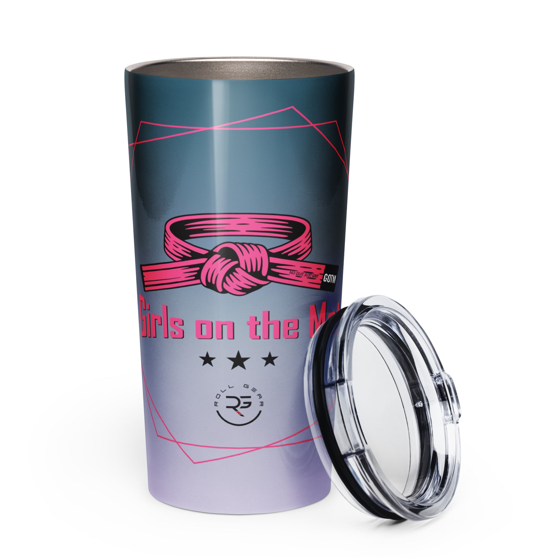 Tumbler with pink belt design and text on a white background