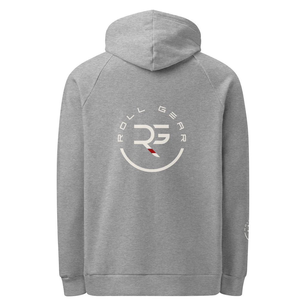 Gray hoodie with 'Roll Gear' logo on the back against a white background