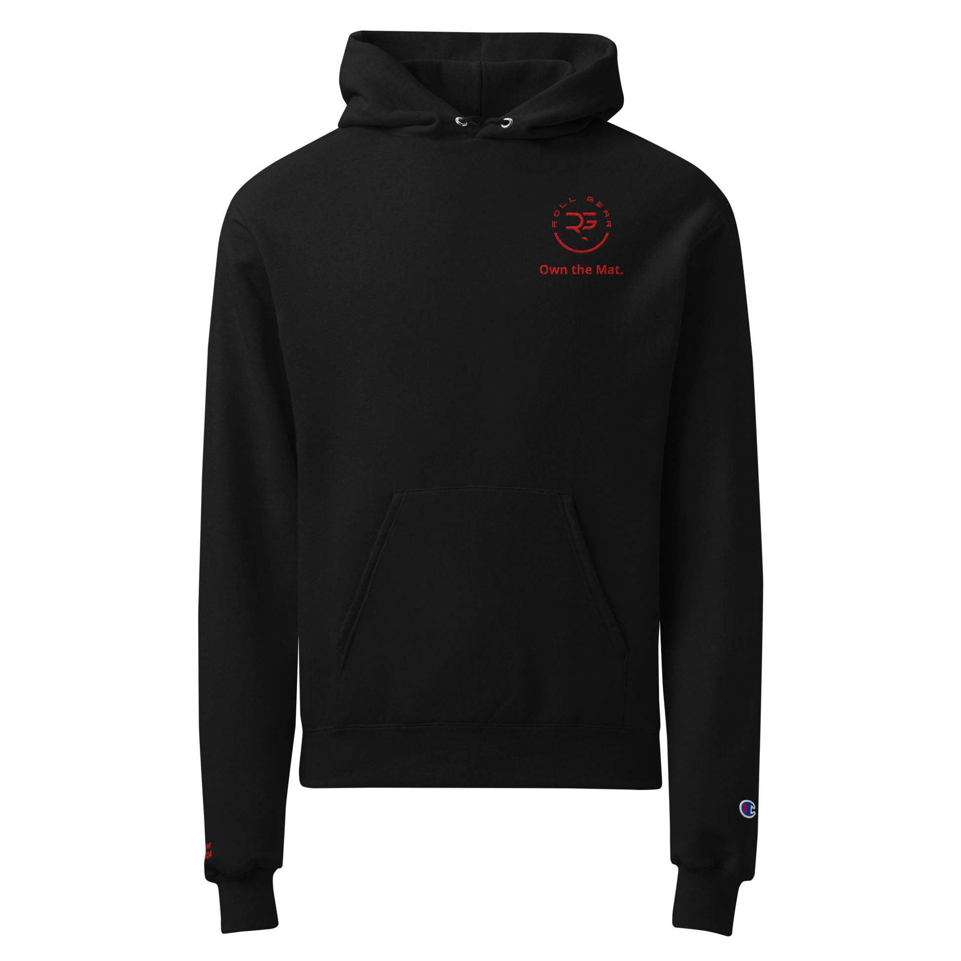 Roll Gear x Champion hoodie – front view with chest logo and 'Est.' wrist detail, moisture-wicking athletic fit