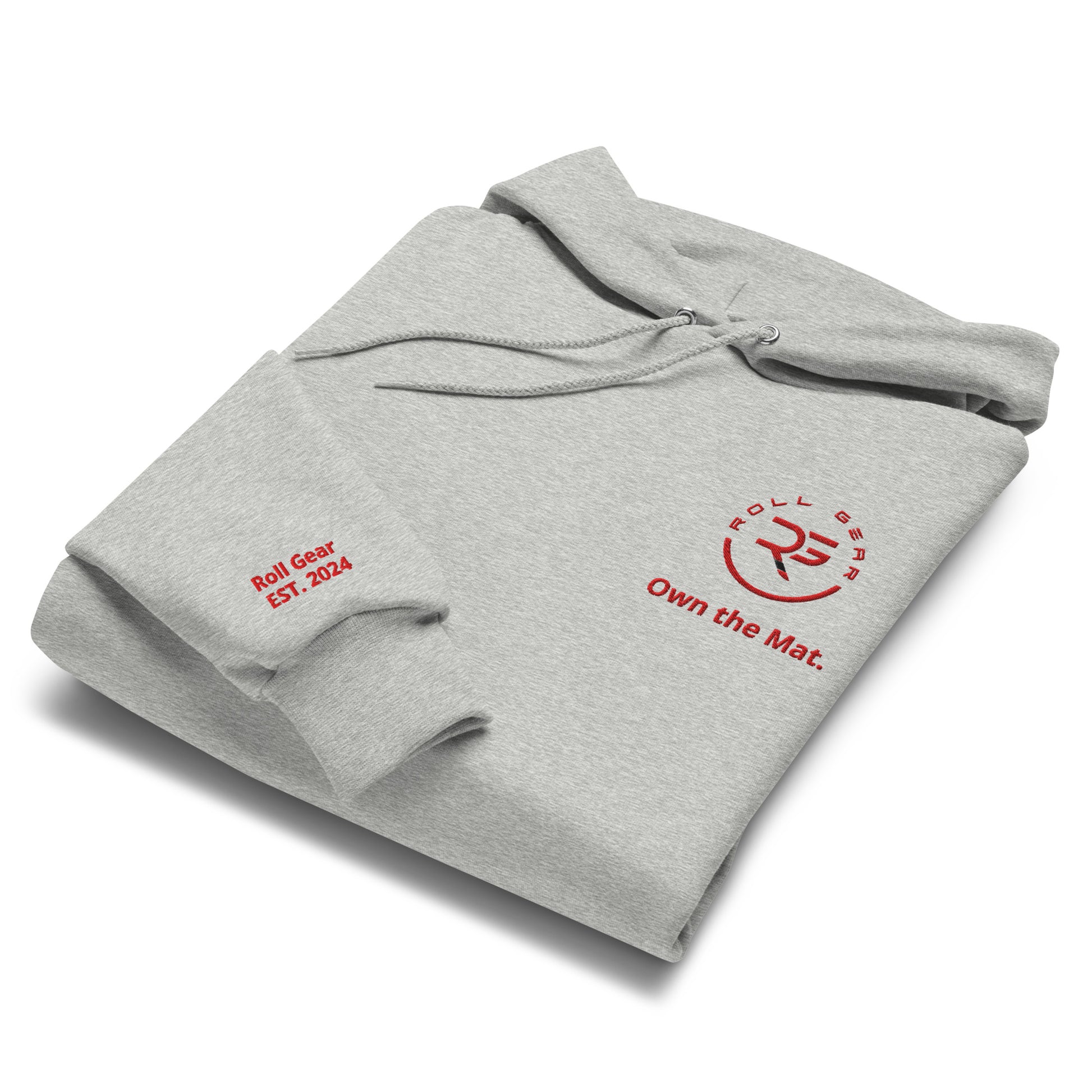 Roll Gear Champion hoodie – flat lay front with logo details