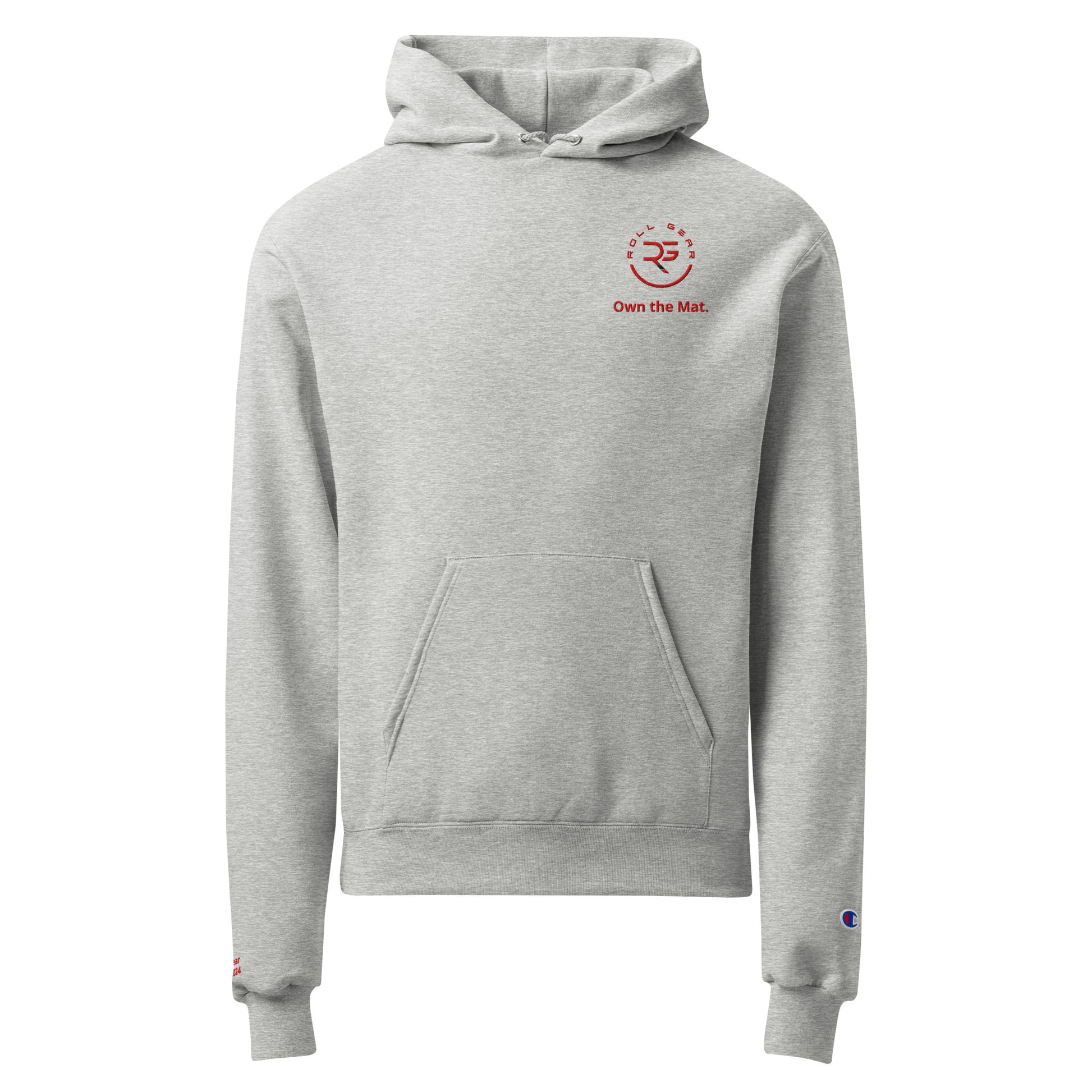 Roll Gear x Champion hoodie – front view with chest logo and 'Est.' wrist detail, moisture-wicking athletic fit