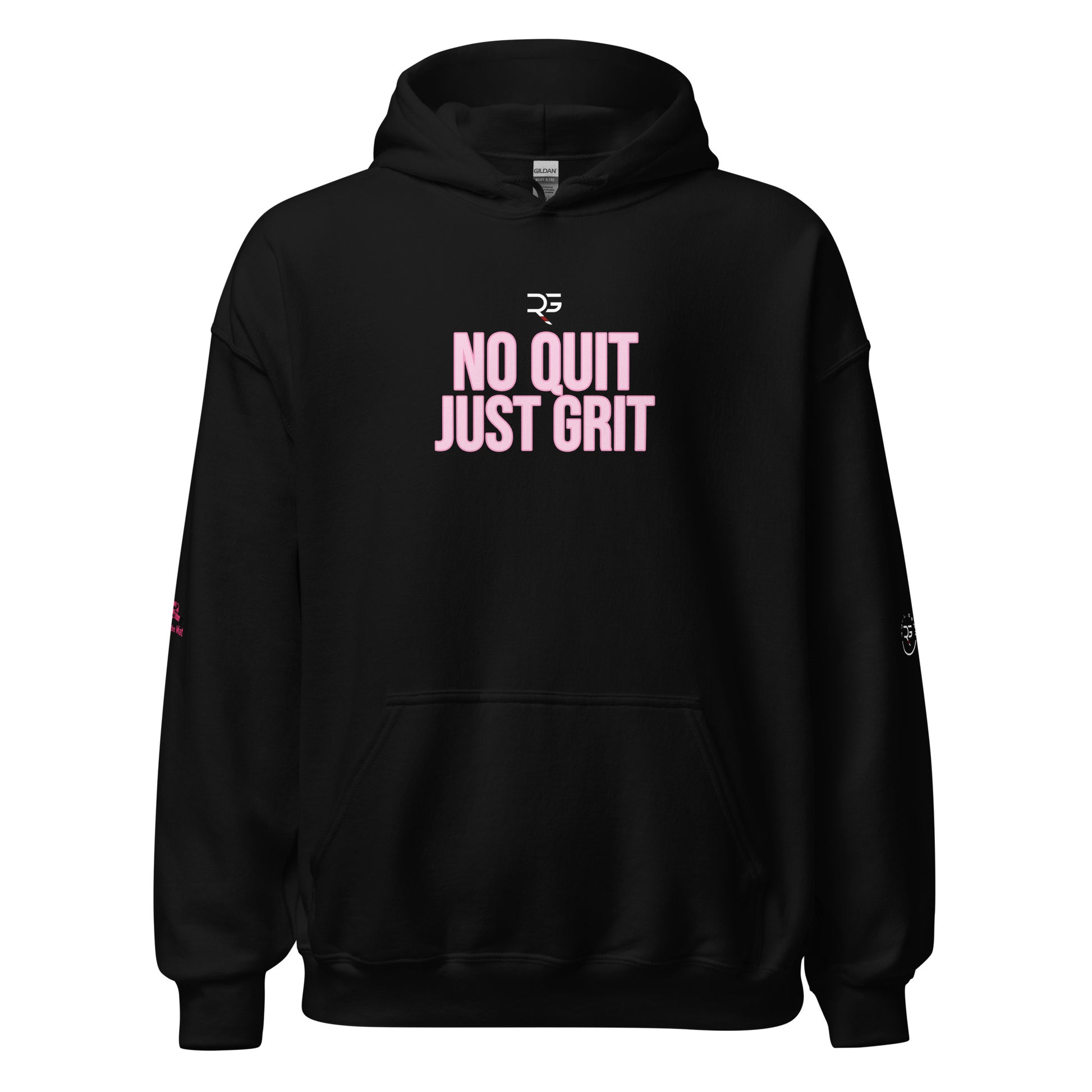 Black hoodie with 'No Quit Just Grit' text on a white background