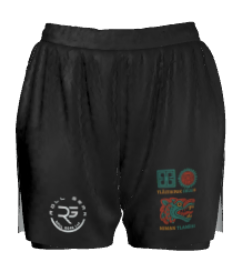 Front view of Roll Gear Women’s Black Aztec Warrior Fight Shorts with symbols