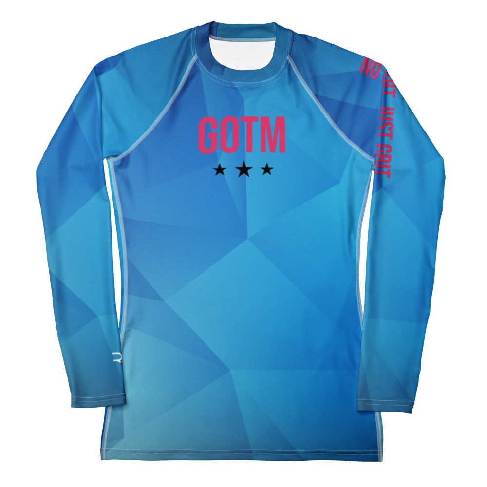 Blue long-sleeve shirt with 'GOTM' branding on a white background