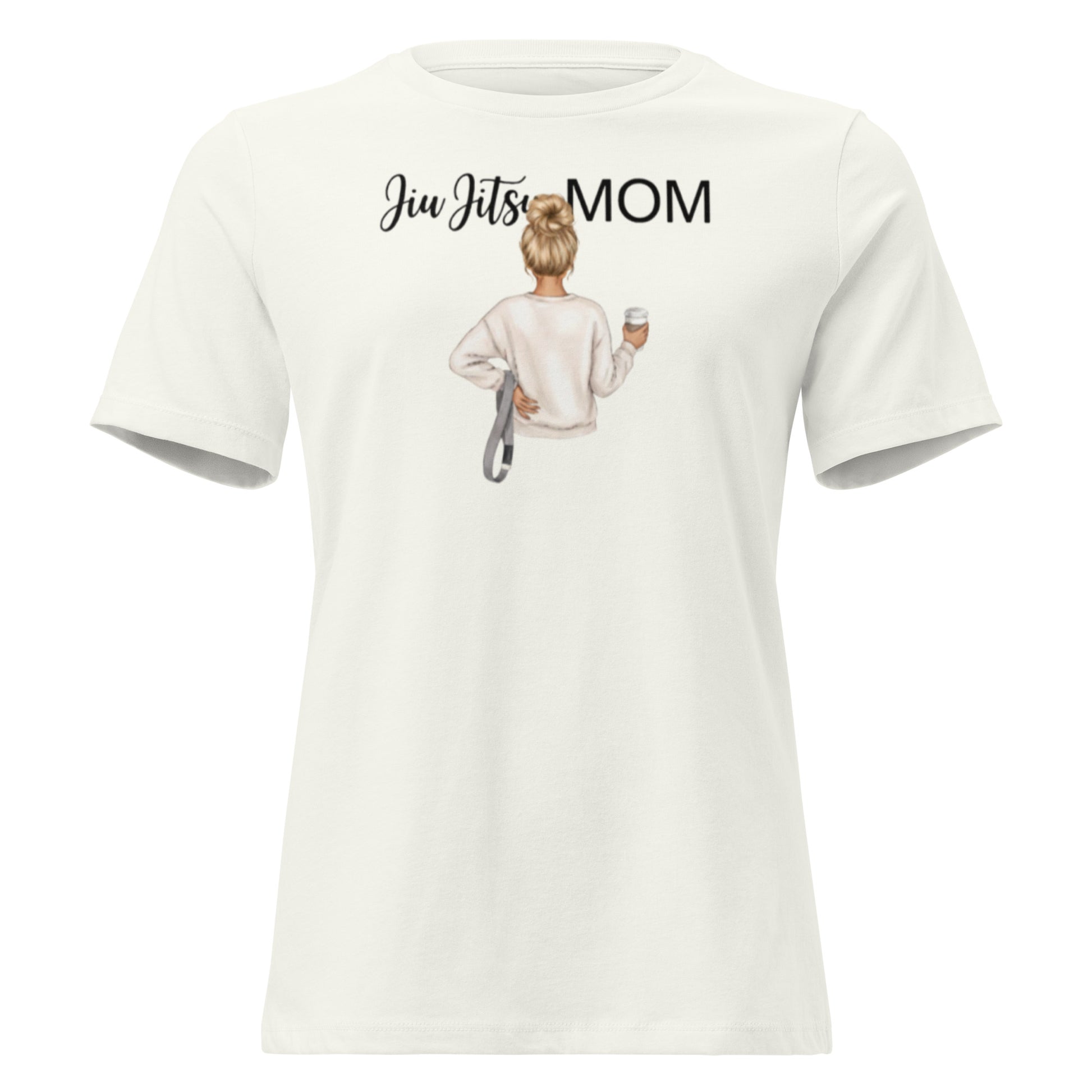 White t-shirt with 'Jiu Jitsu Mom' graphic and text on a white background