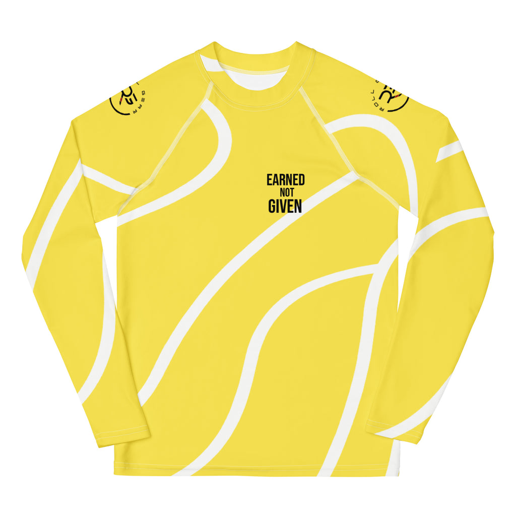 Yellow long-sleeve shirt with white patterns and text on a white background
