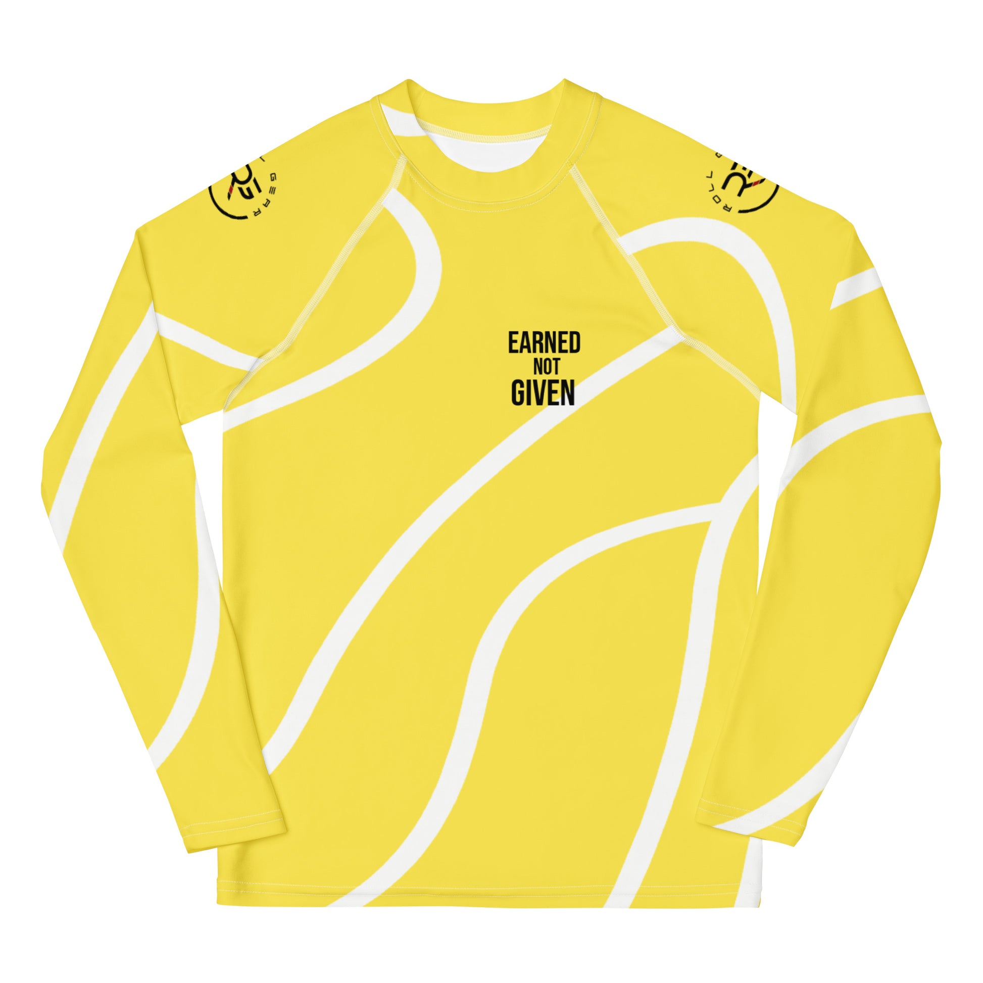 Yellow long-sleeve shirt with white patterns and text on a white background