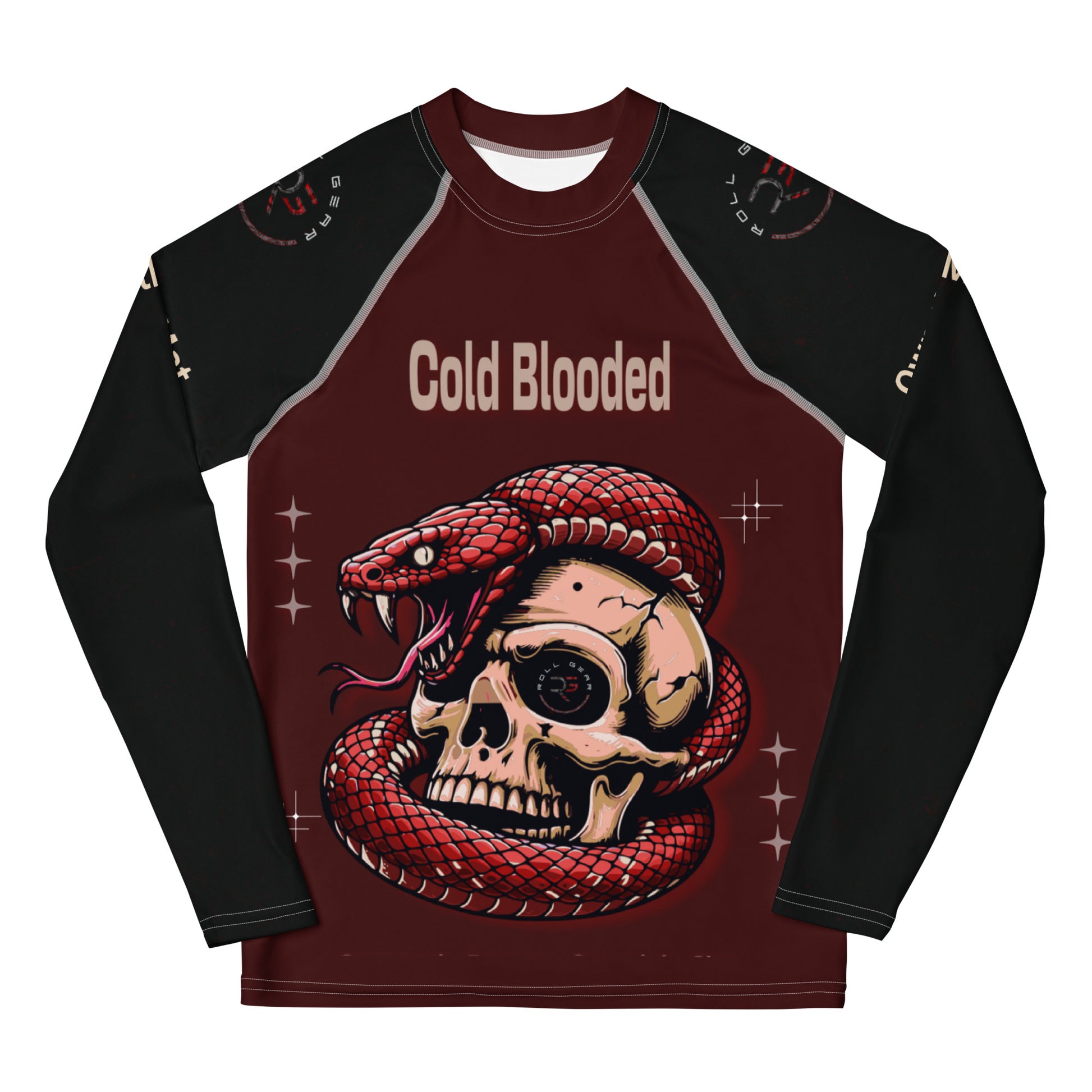 Long-sleeve shirt with snake and skull design and 'Cold Blooded' text on a white background
